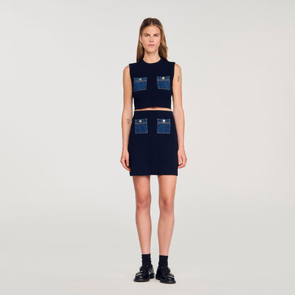 Sandro Mini knit and denim skirt Navy Blue