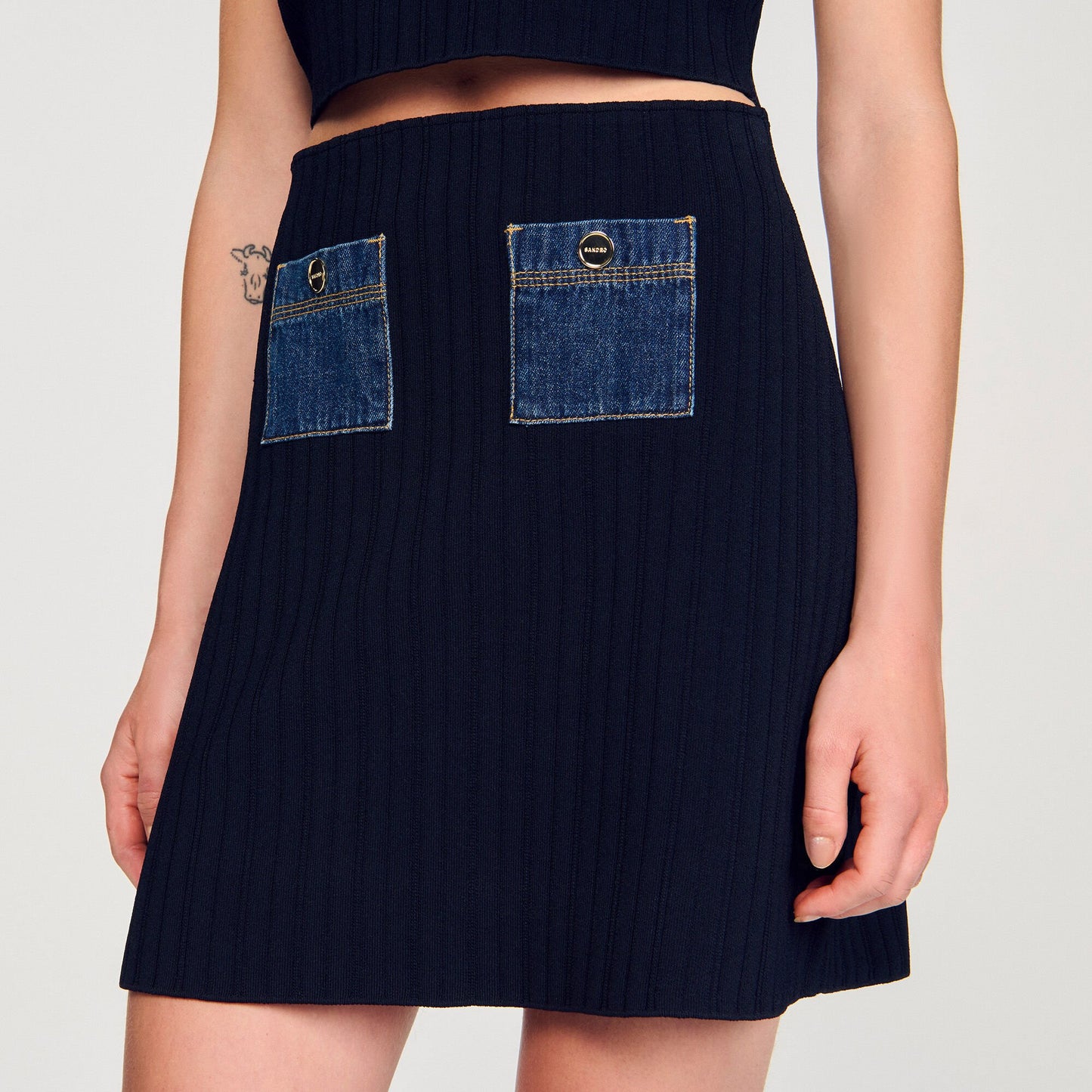 Sandro Mini knit and denim skirt Navy Blue