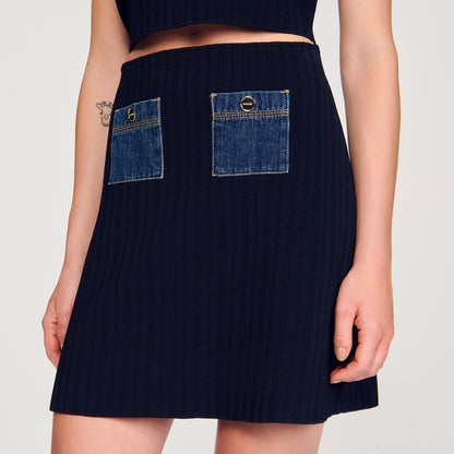 Sandro Mini knit and denim skirt Navy Blue