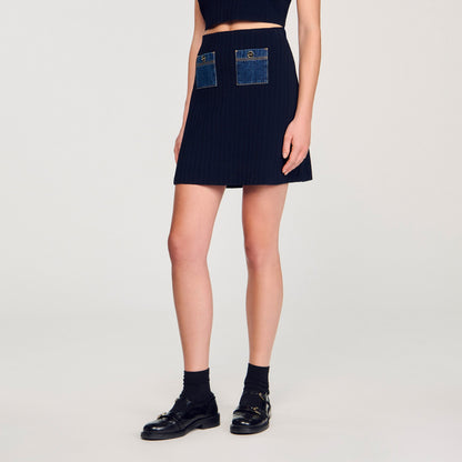 Sandro Mini knit and denim skirt Navy Blue