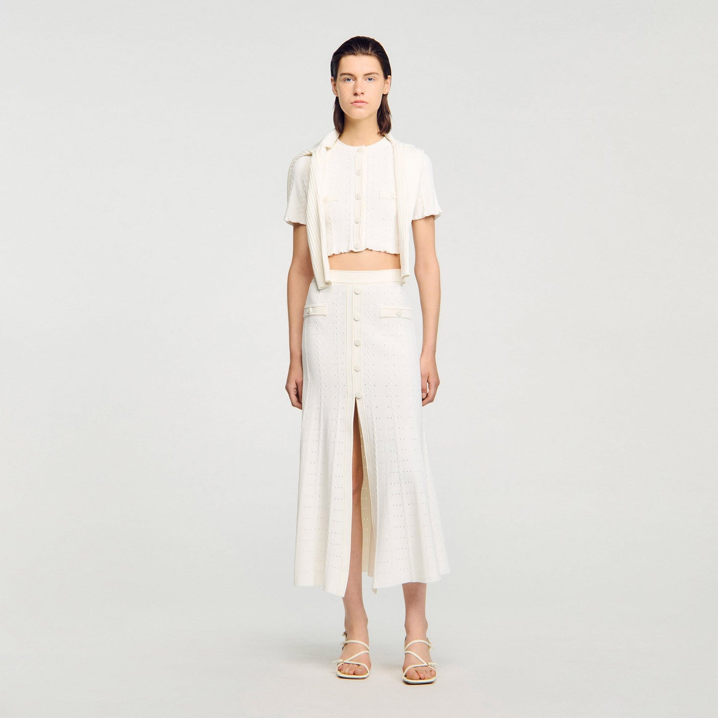 Sandro Pointelle knit midi skirt Ecru