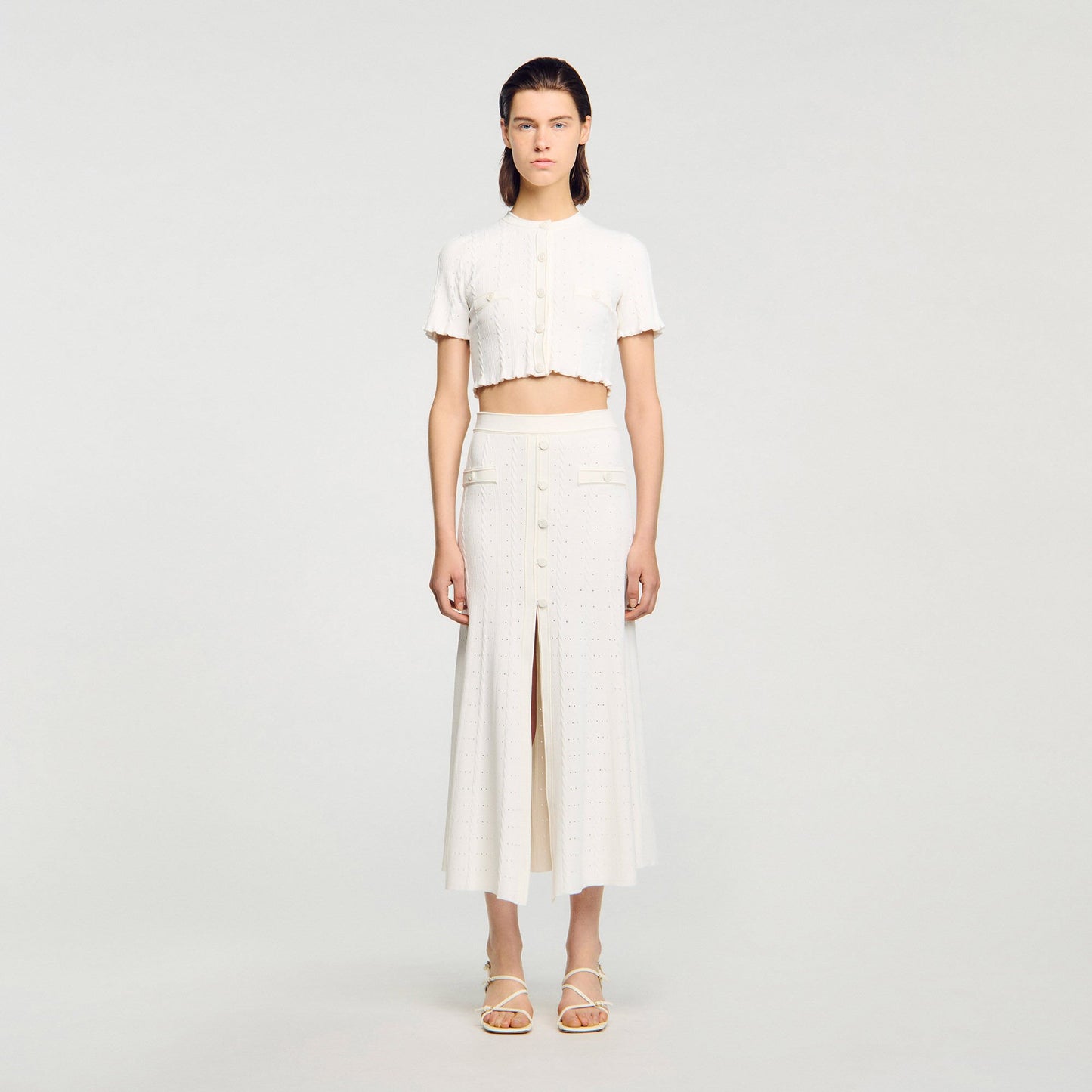 Sandro Pointelle knit midi skirt Ecru