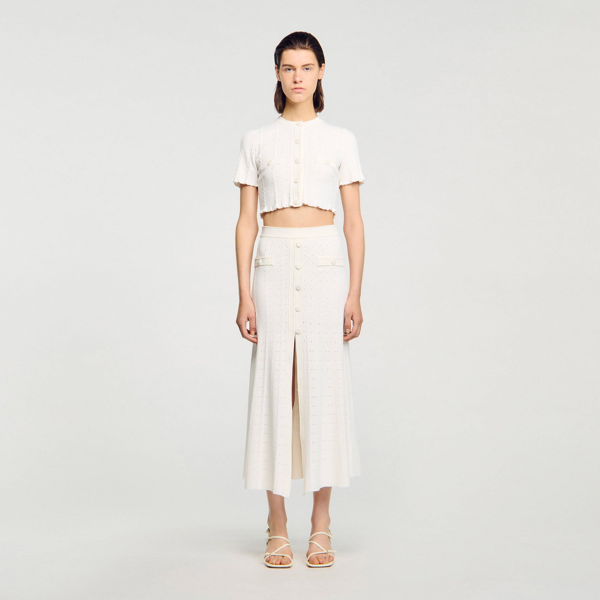 Sandro Pointelle knit midi skirt Ecru