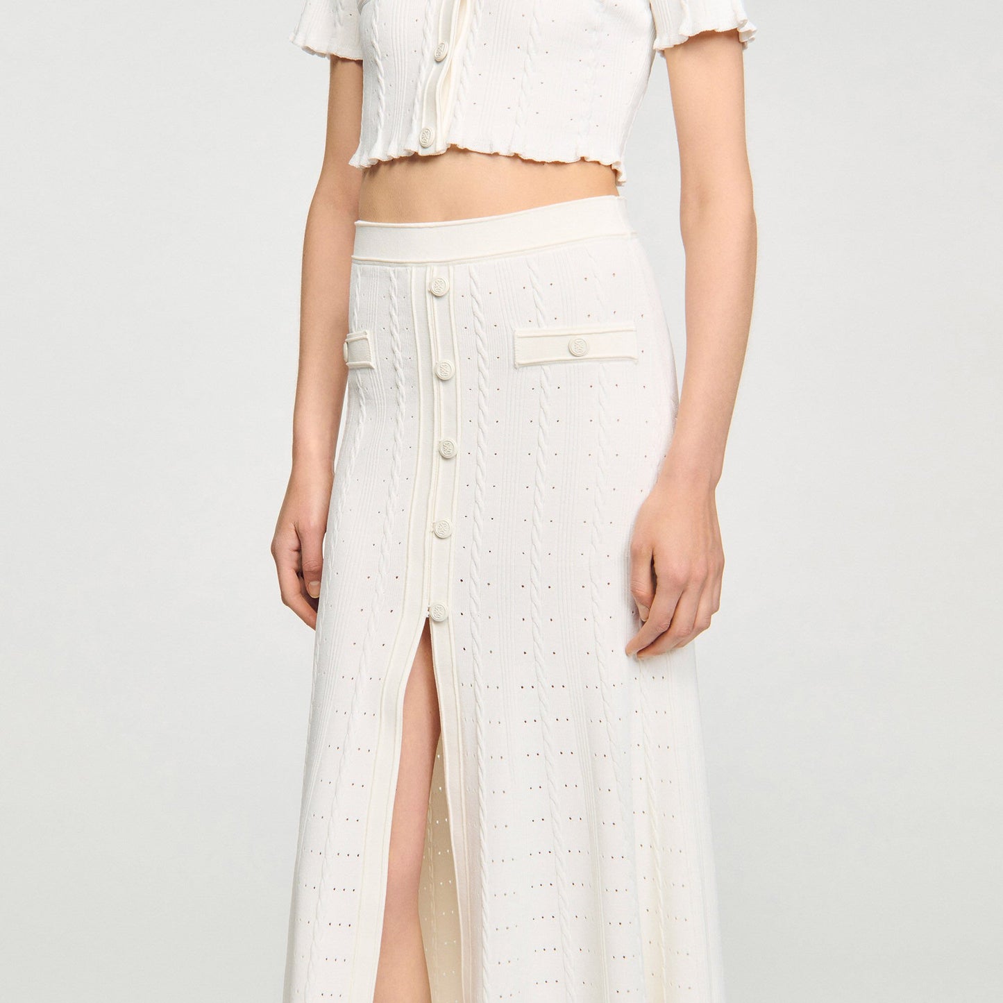 Sandro Pointelle knit midi skirt Ecru