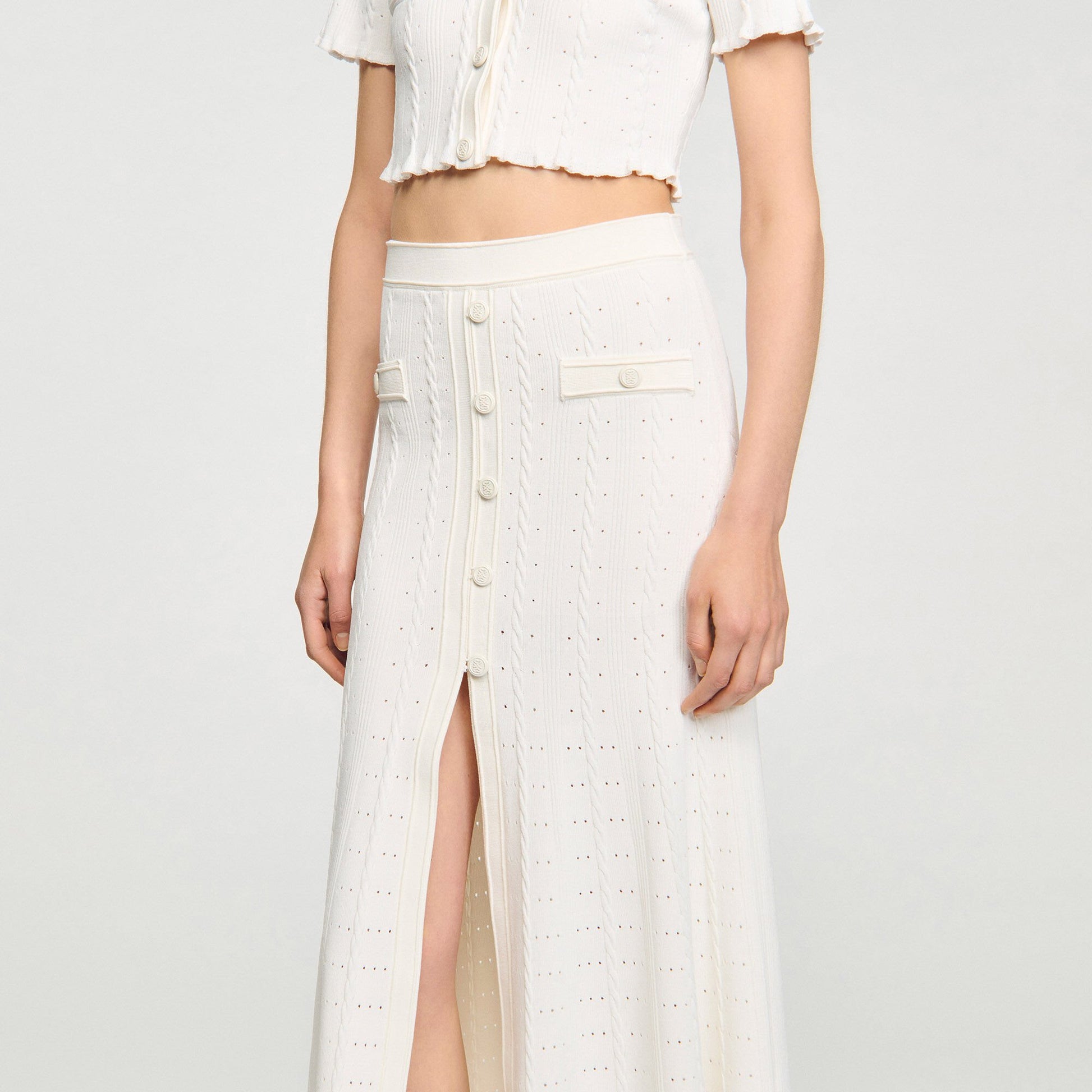 Sandro Pointelle knit midi skirt Ecru