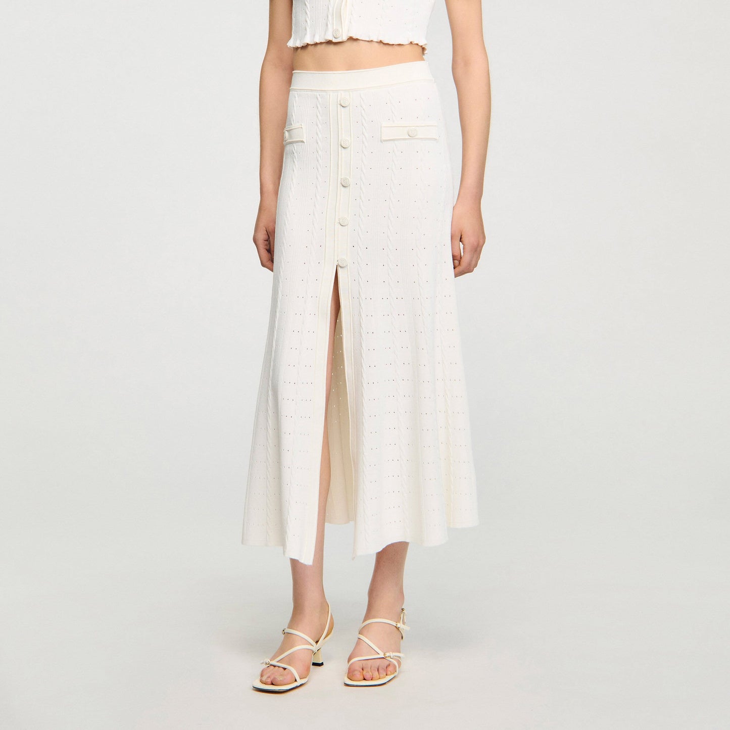 Sandro Pointelle knit midi skirt Ecru