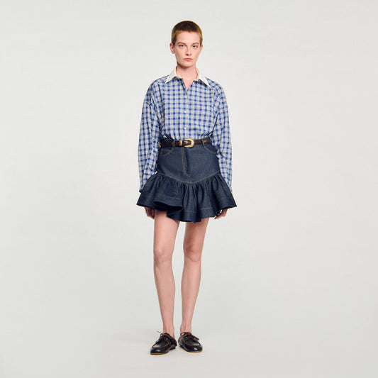 Sandro Mini denim ruffled skirt Deep Blue