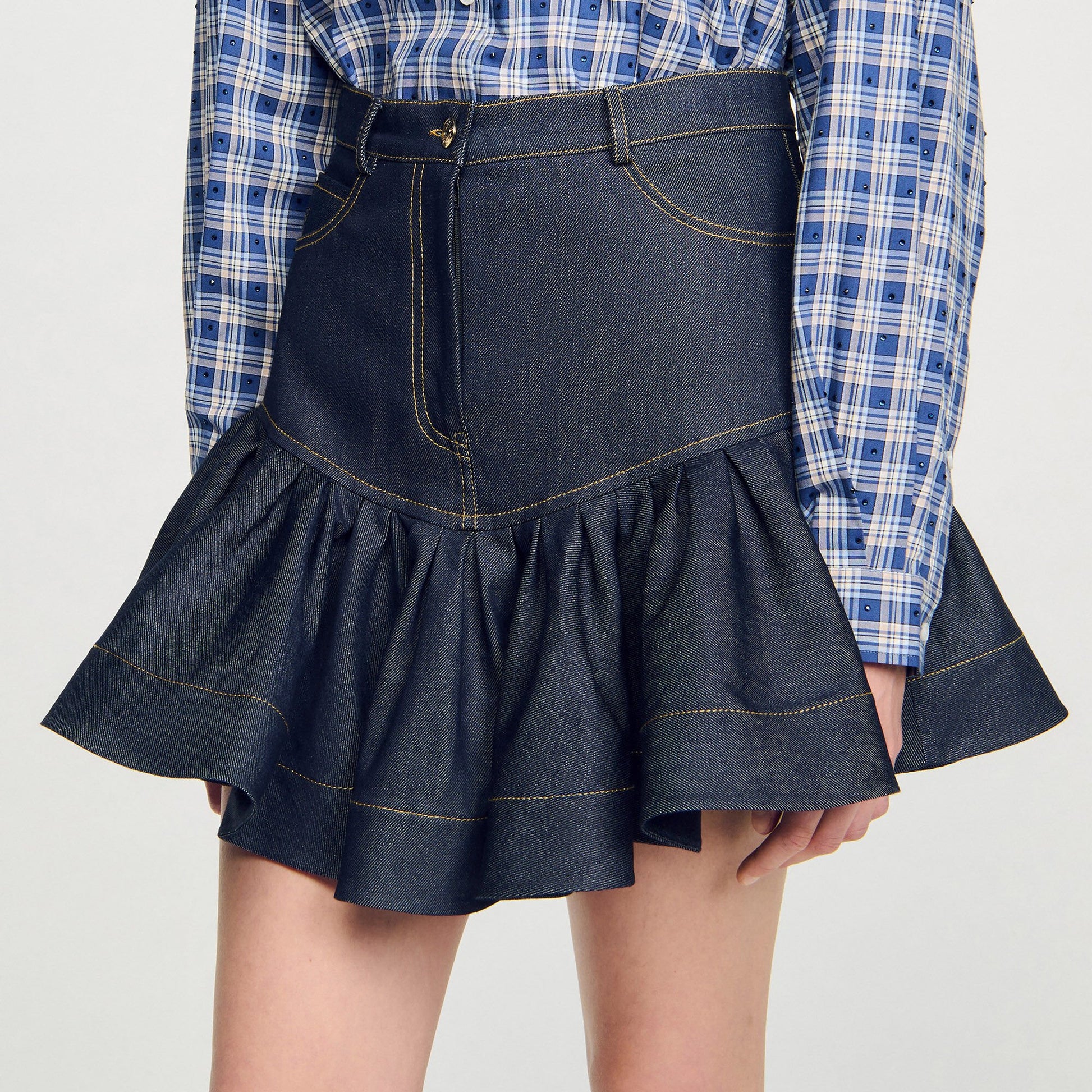 Sandro Mini denim ruffled skirt Deep Blue