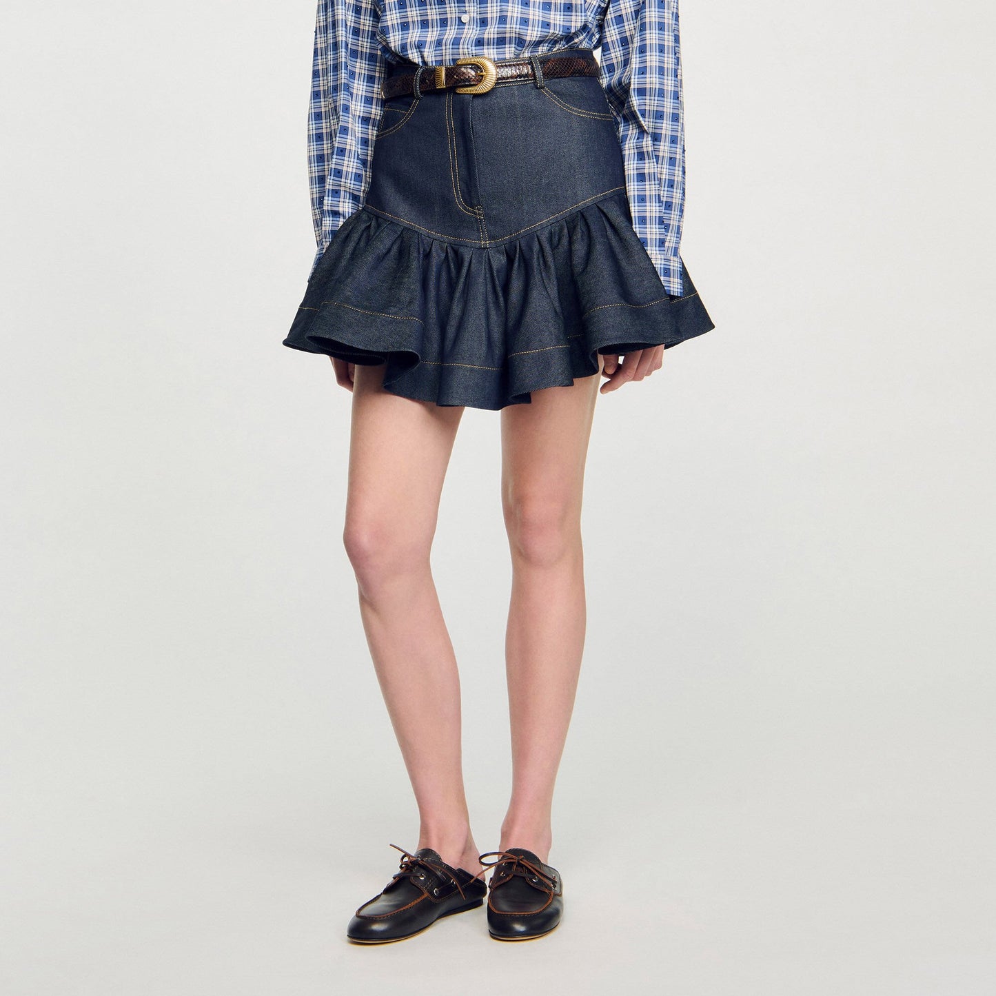 Sandro Mini denim ruffled skirt Deep Blue