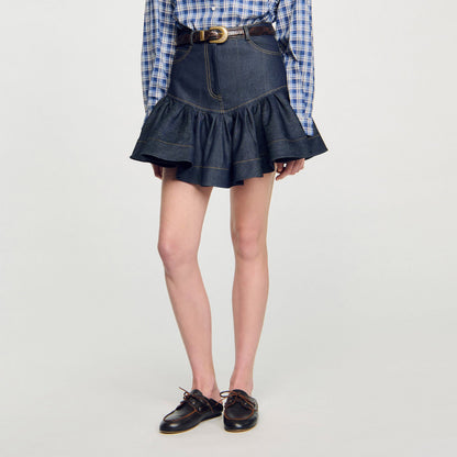 Sandro Mini denim ruffled skirt Deep Blue