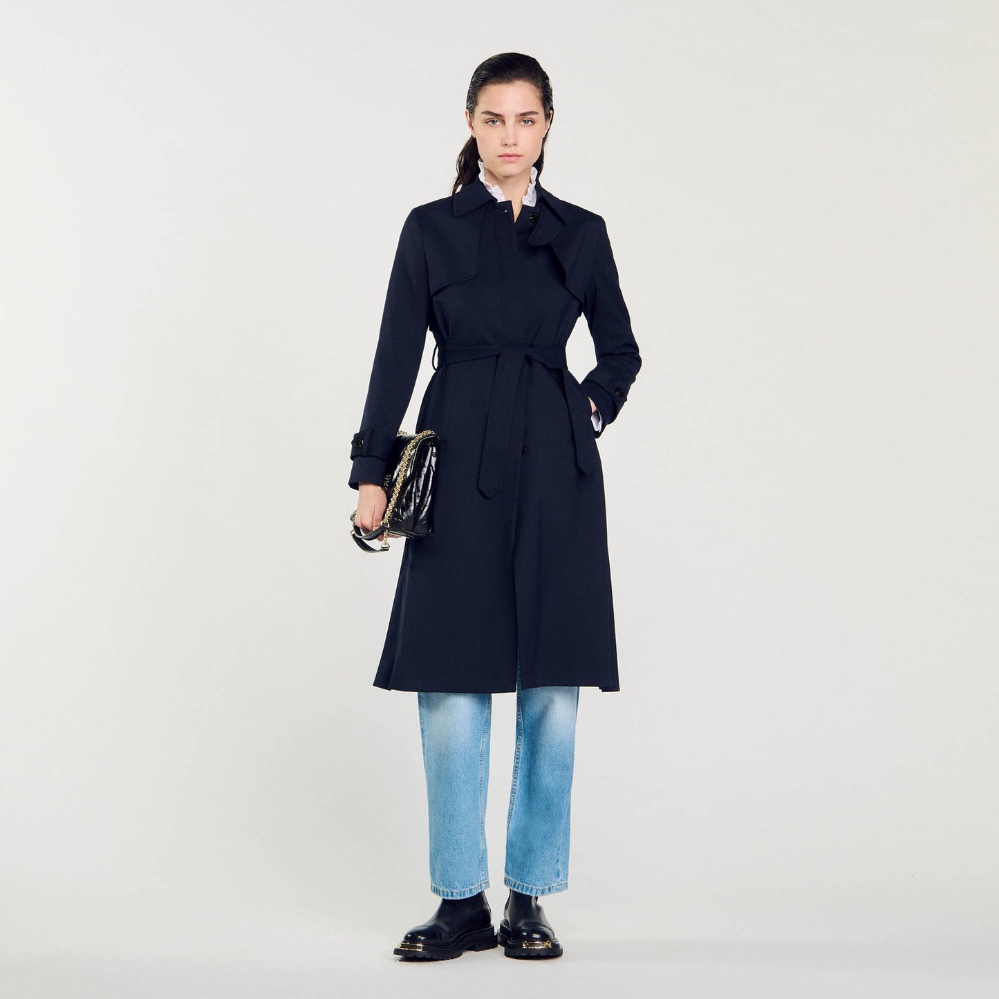 Sandro Trench coat with pleated inset Navy Blue