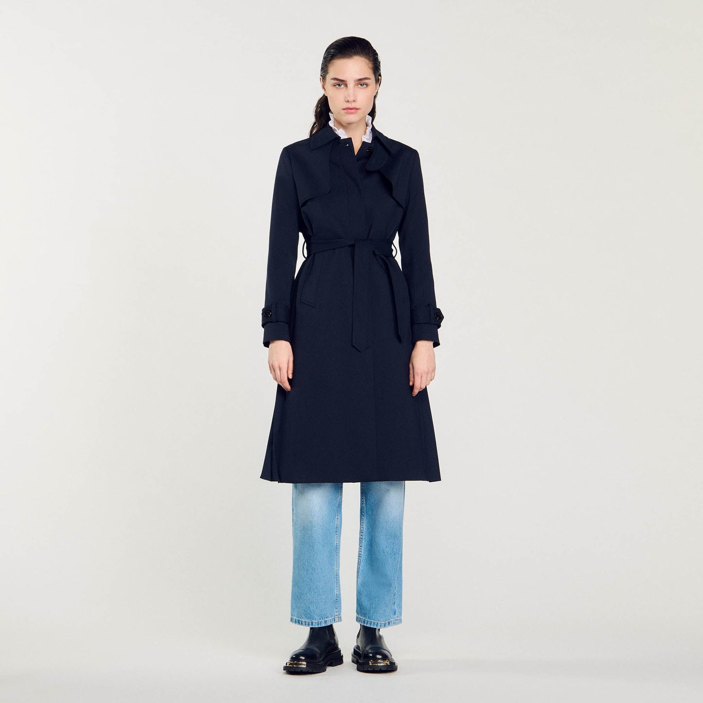 Sandro Trench coat with pleated inset Navy Blue