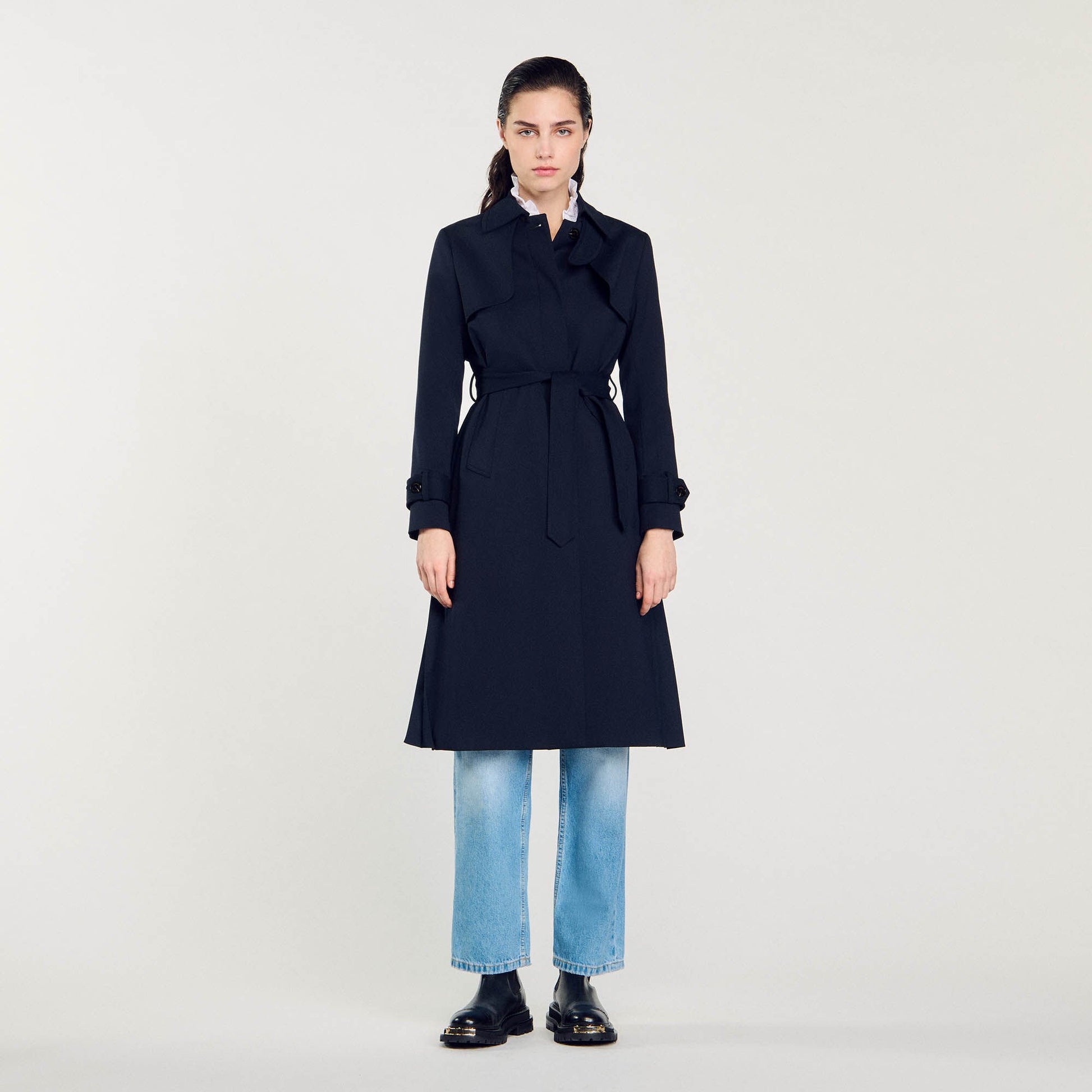 Sandro Trench coat with pleated inset Navy Blue