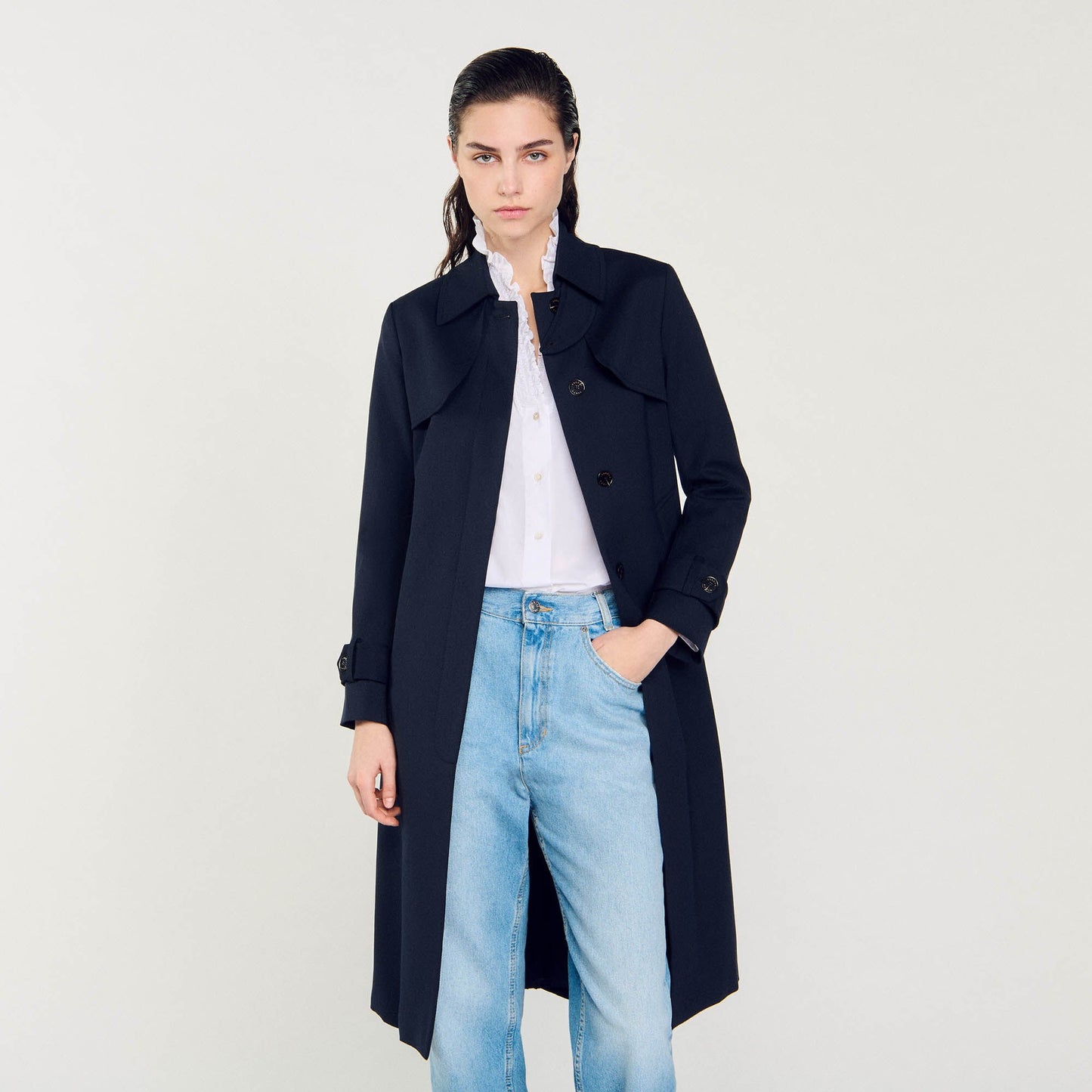 Sandro Trench coat with pleated inset Navy Blue