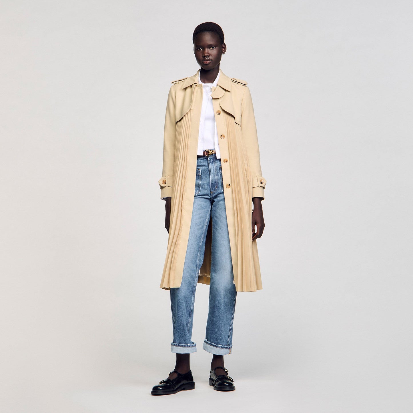 Sandro Pleated trench coat with belt Beige
