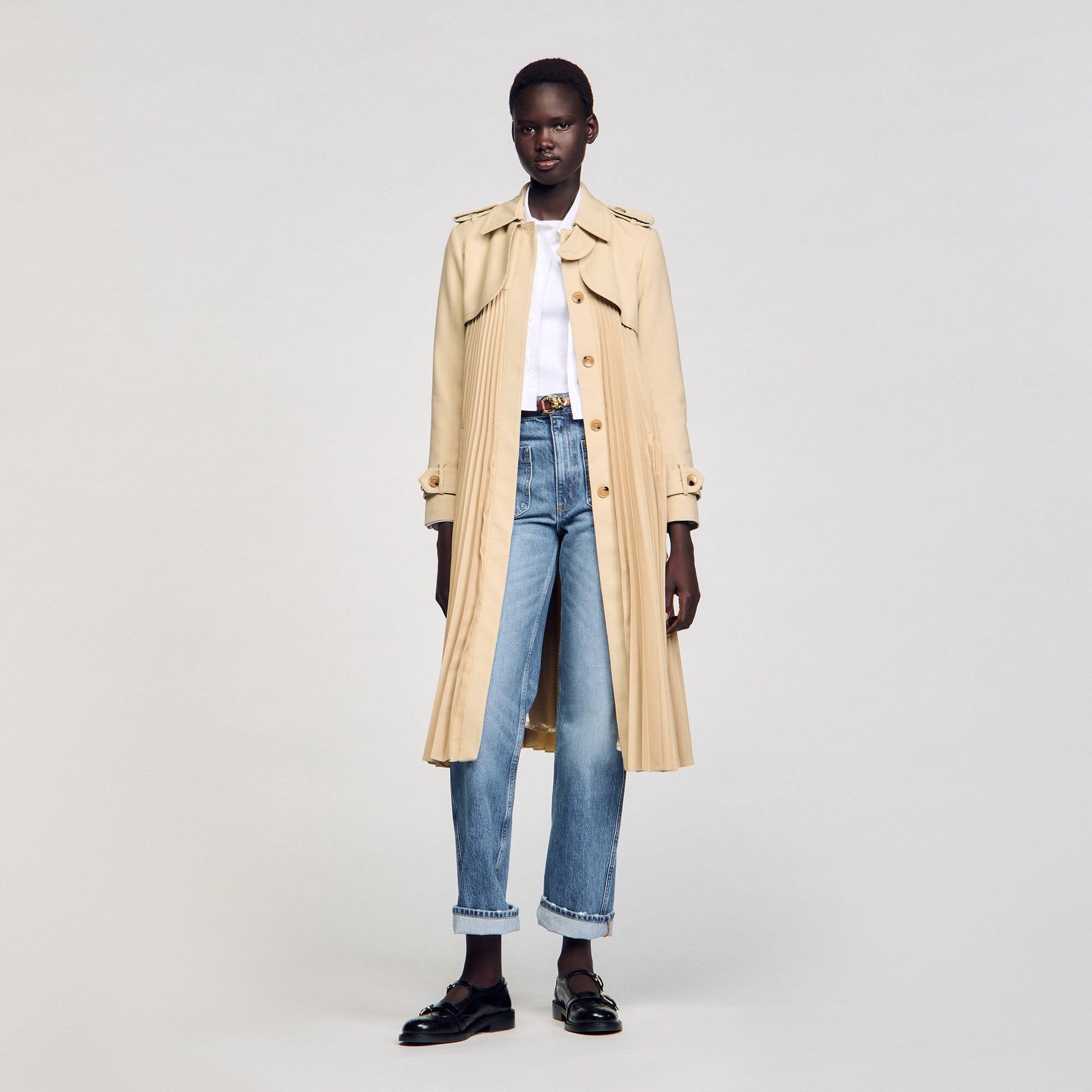 Sandro Pleated trench coat with belt Beige