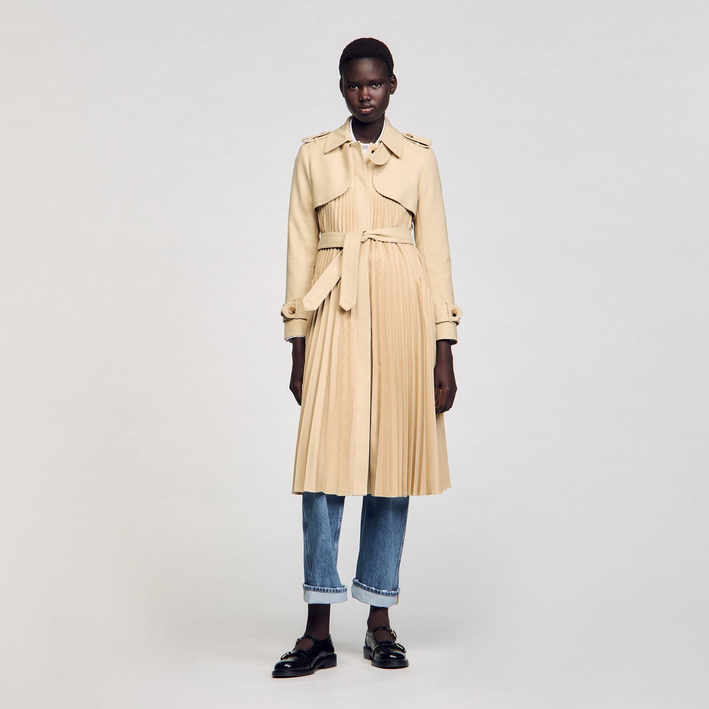 Sandro Pleated trench coat with belt Beige