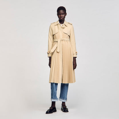 Sandro Pleated trench coat with belt Beige