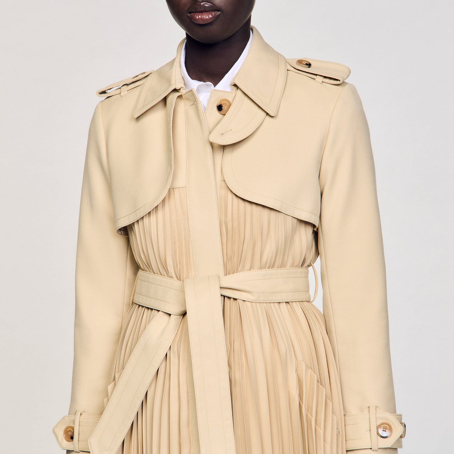 Sandro Pleated trench coat with belt Beige
