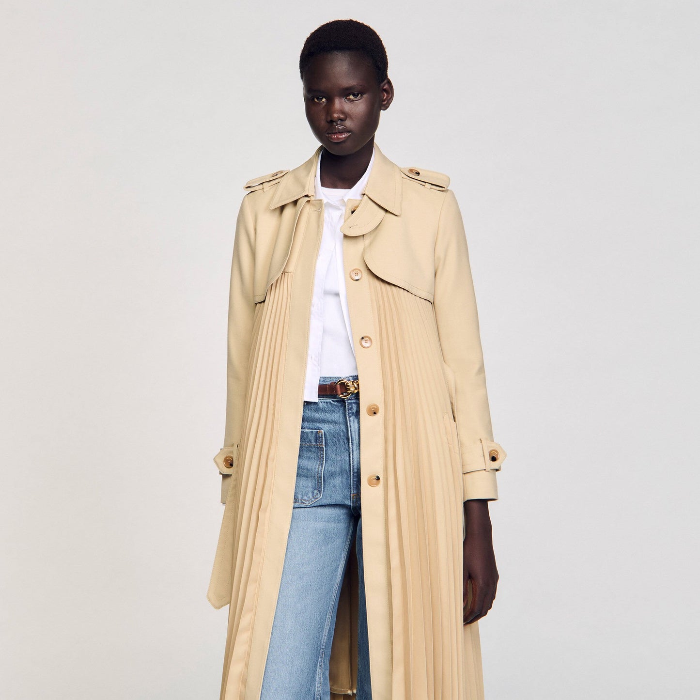 Sandro Pleated trench coat with belt Beige