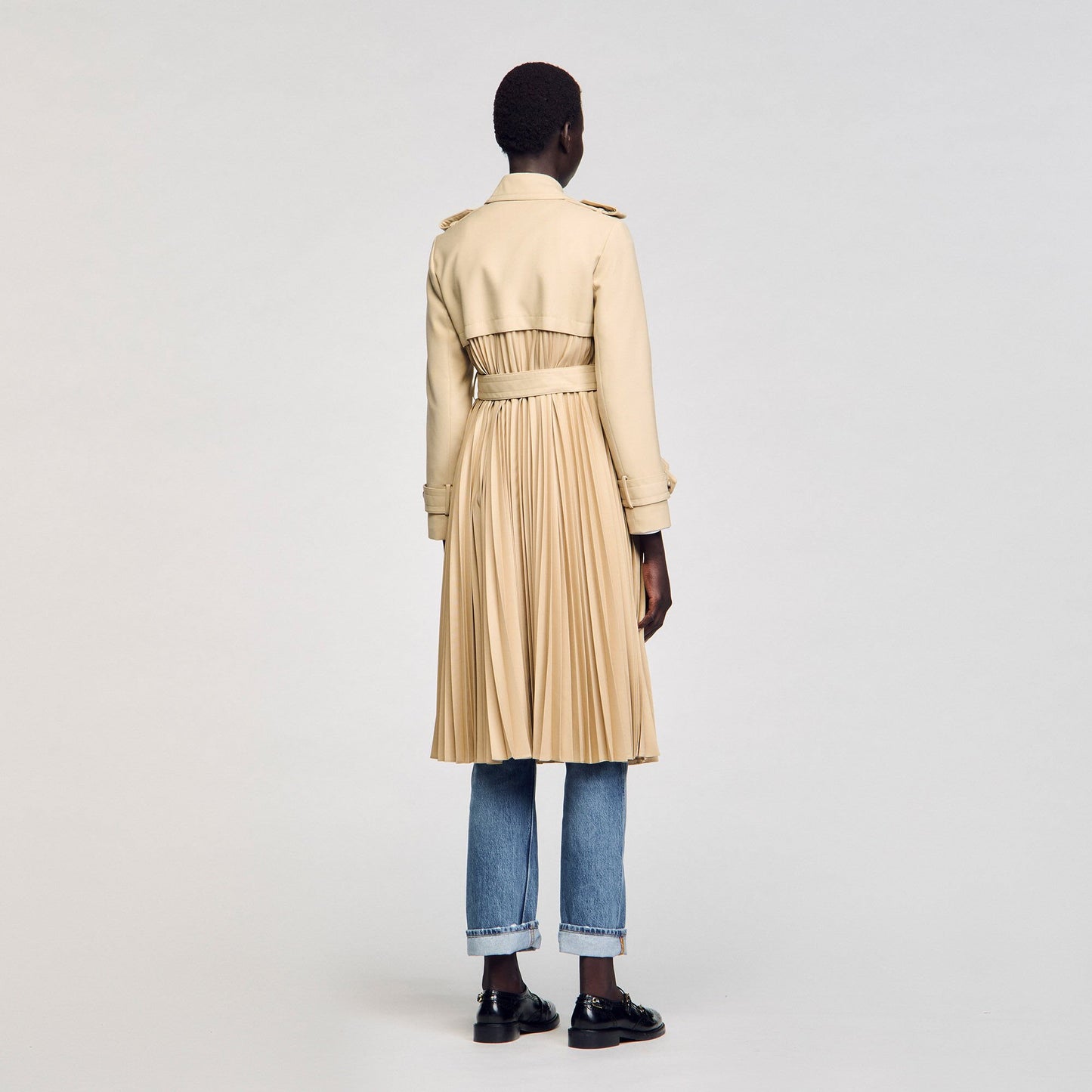 Sandro Pleated trench coat with belt Beige