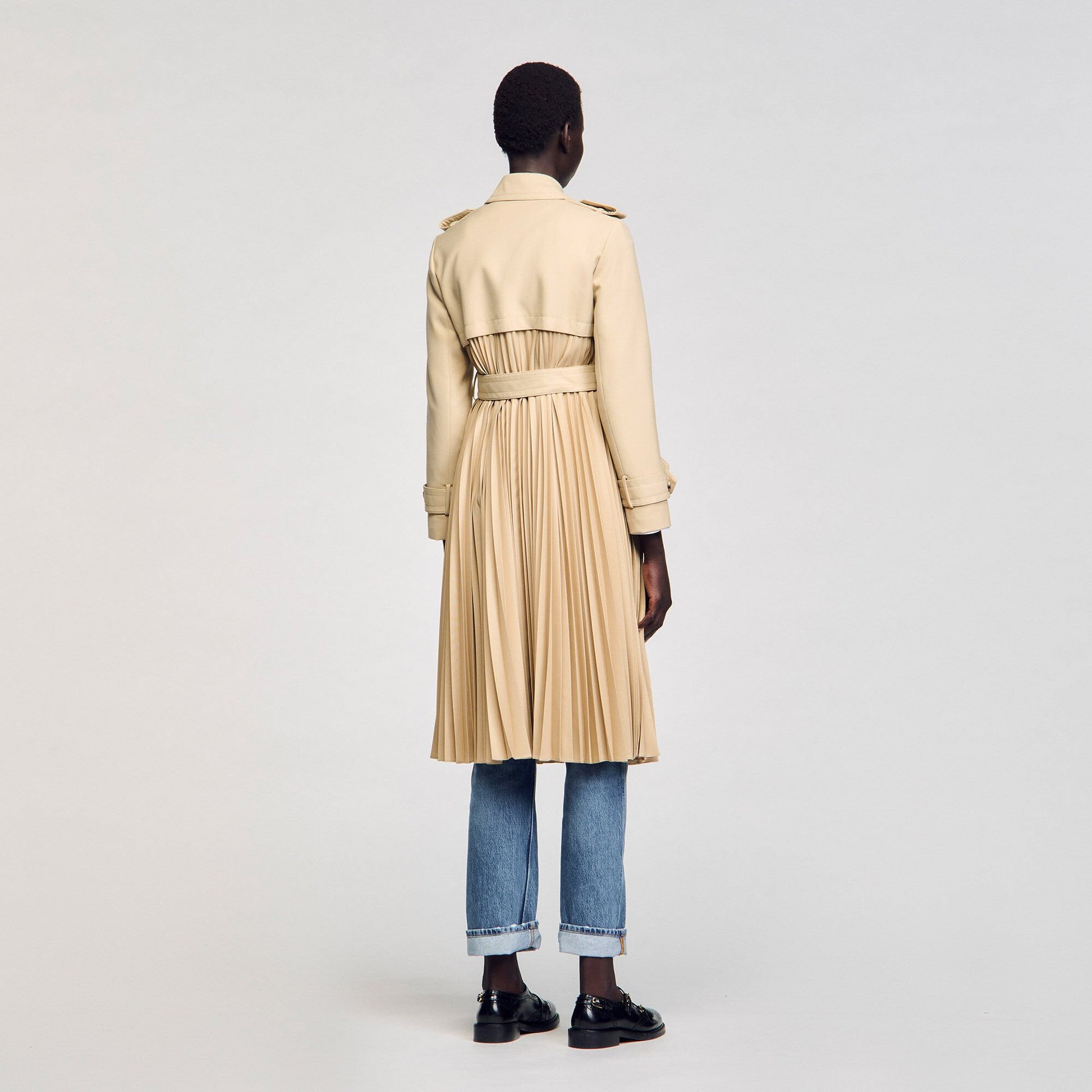 Sandro Pleated trench coat with belt Beige