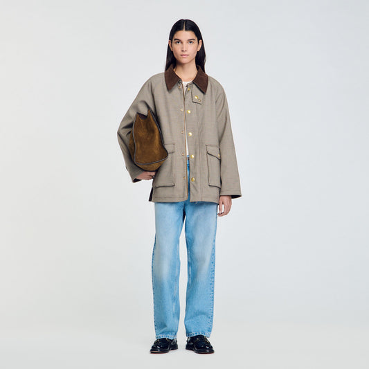 Sandro Check coat with velvet collar Brown