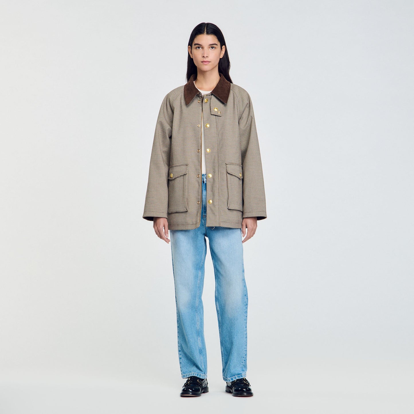 Sandro Check coat with velvet collar Brown