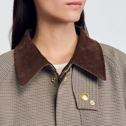 Sandro Check coat with velvet collar Brown