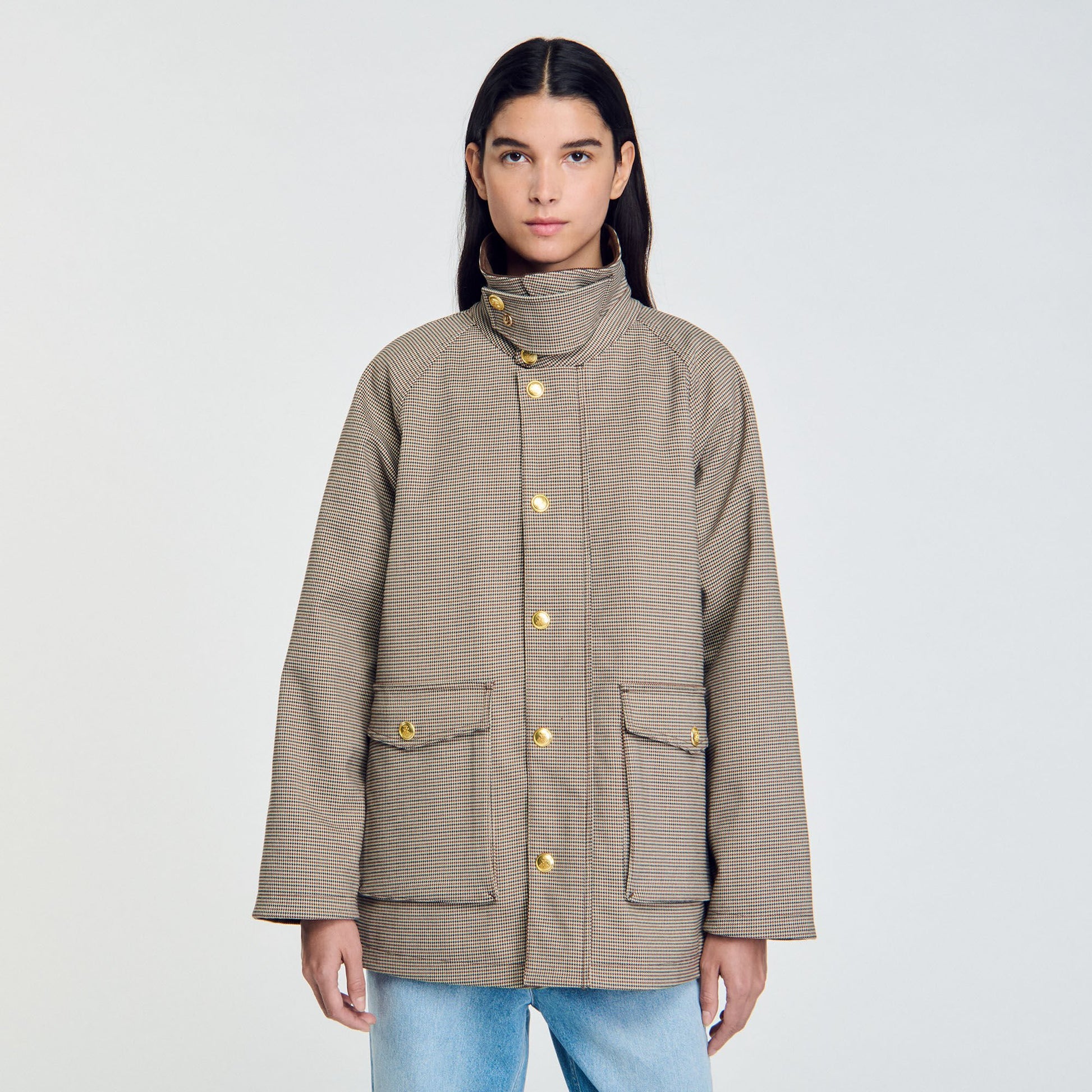 Sandro Check coat with velvet collar Brown