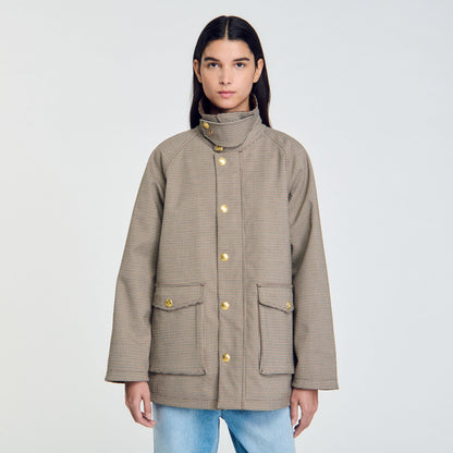 Sandro Check coat with velvet collar Brown