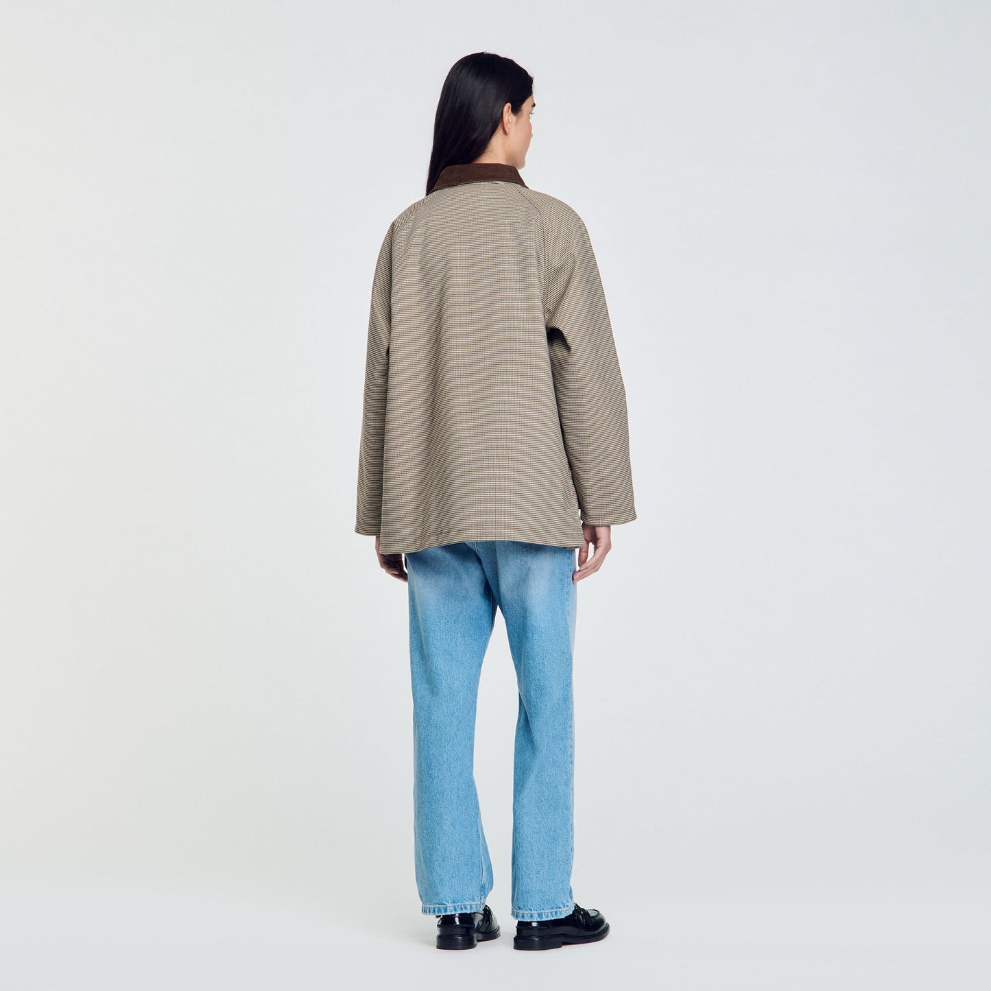 Sandro Check coat with velvet collar Brown