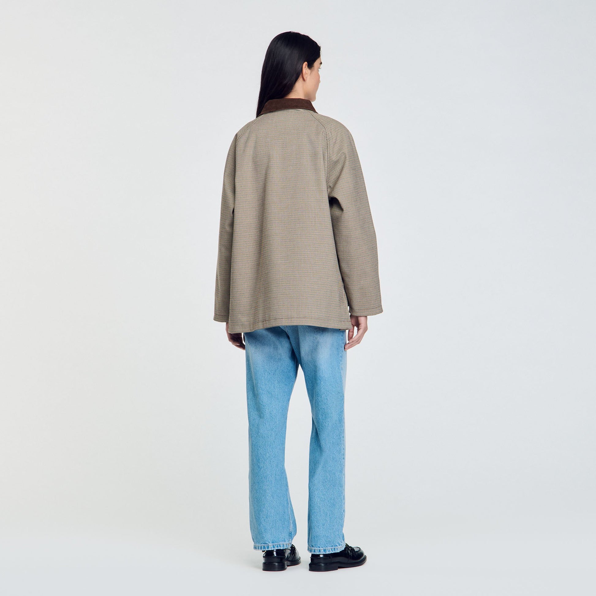 Sandro Check coat with velvet collar Brown