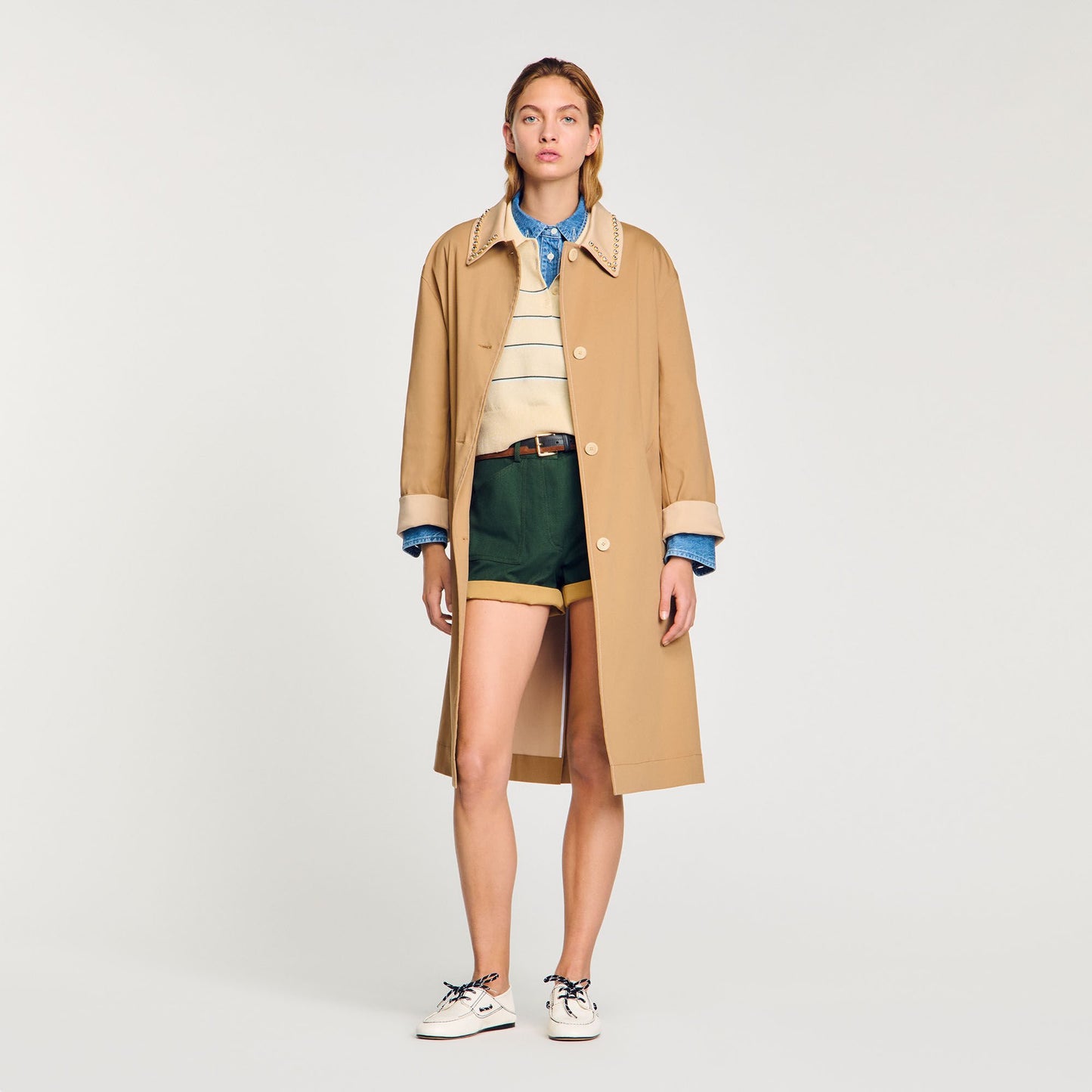 Sandro Trench coat with rhinestone collar Camel
