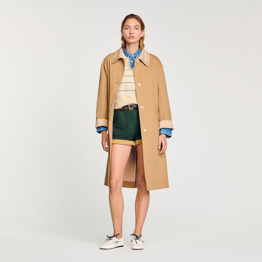 Sandro Trench coat with rhinestone collar Camel