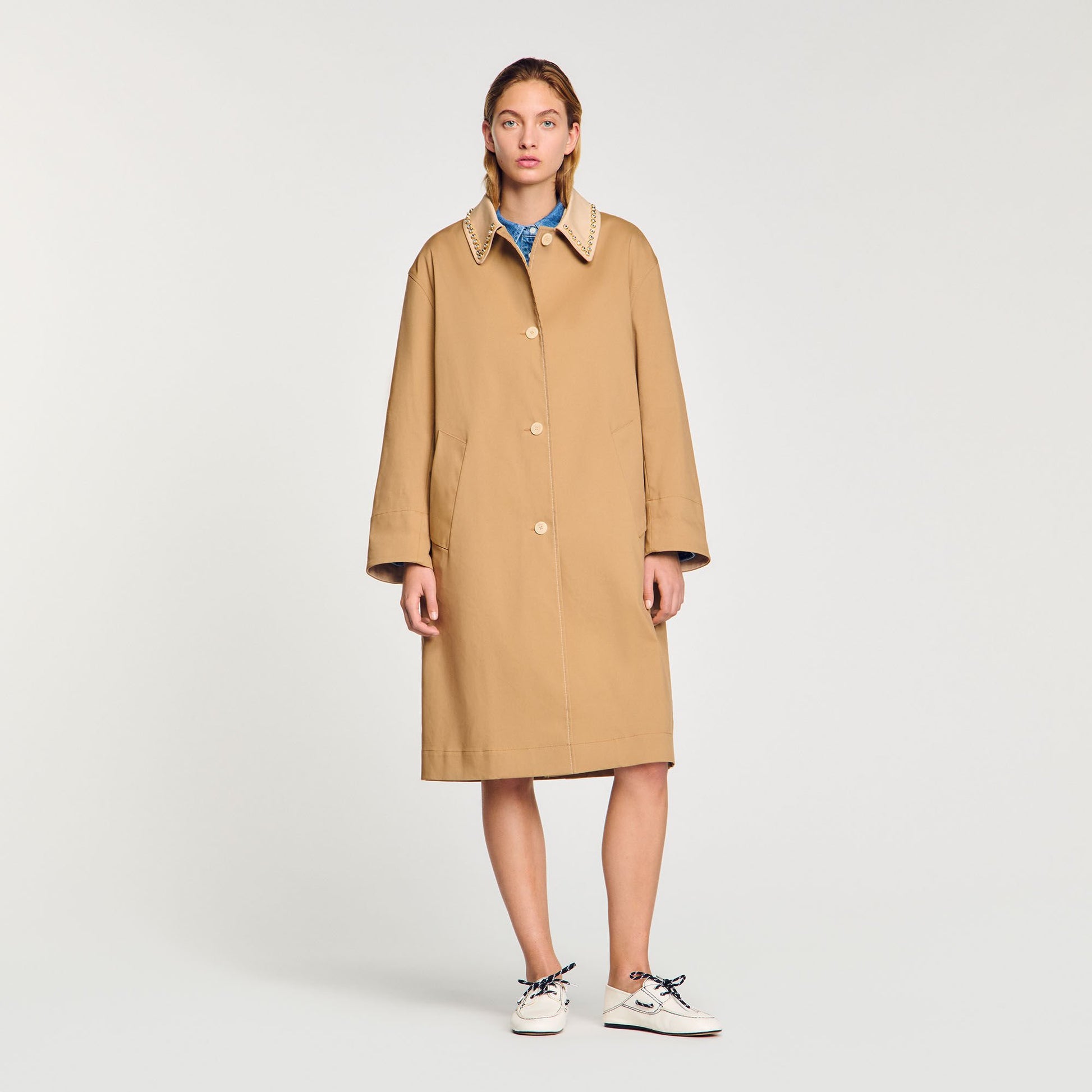 Sandro Trench coat with rhinestone collar Camel
