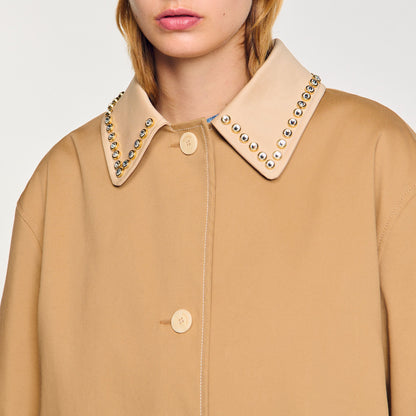 Sandro Trench coat with rhinestone collar Camel