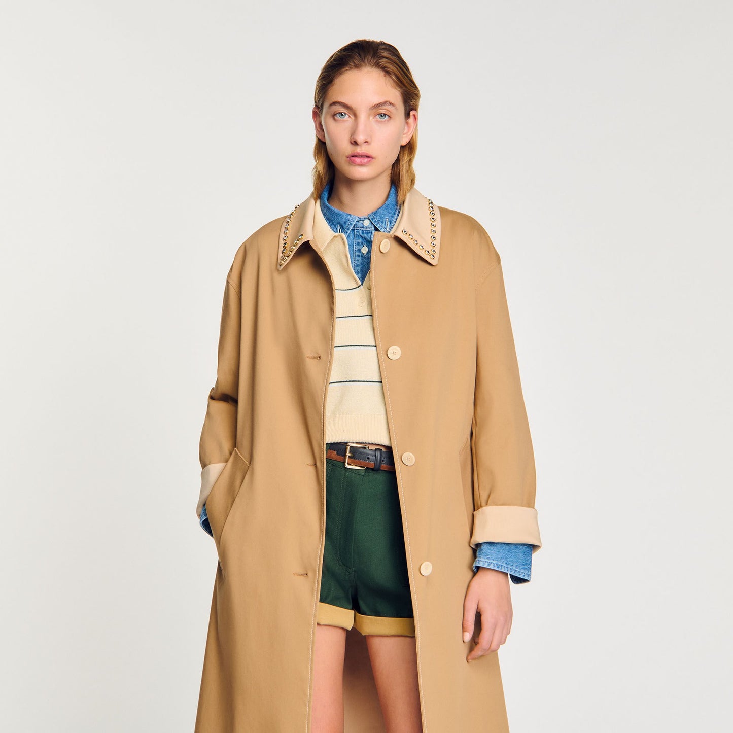 Sandro Trench coat with rhinestone collar Camel