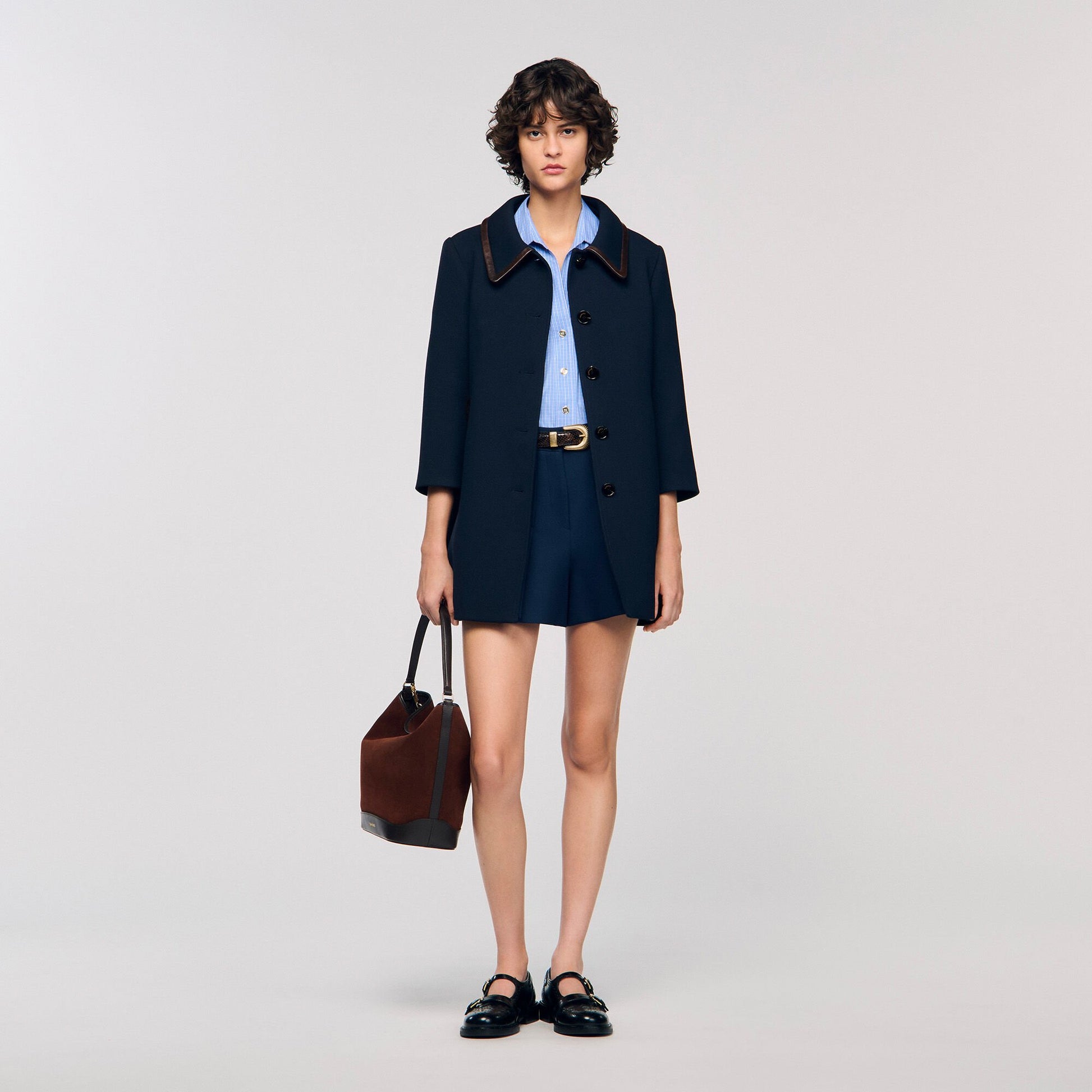 Sandro Coat with leather stripes Navy Blue