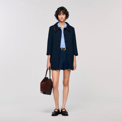 Sandro Coat with leather stripes Navy Blue
