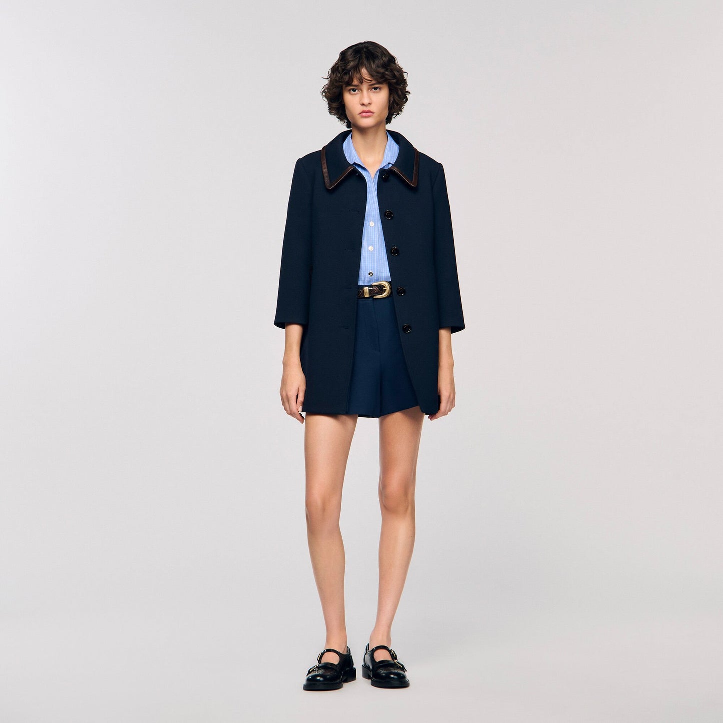 Sandro Coat with leather stripes Navy Blue