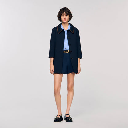 Sandro Coat with leather stripes Navy Blue