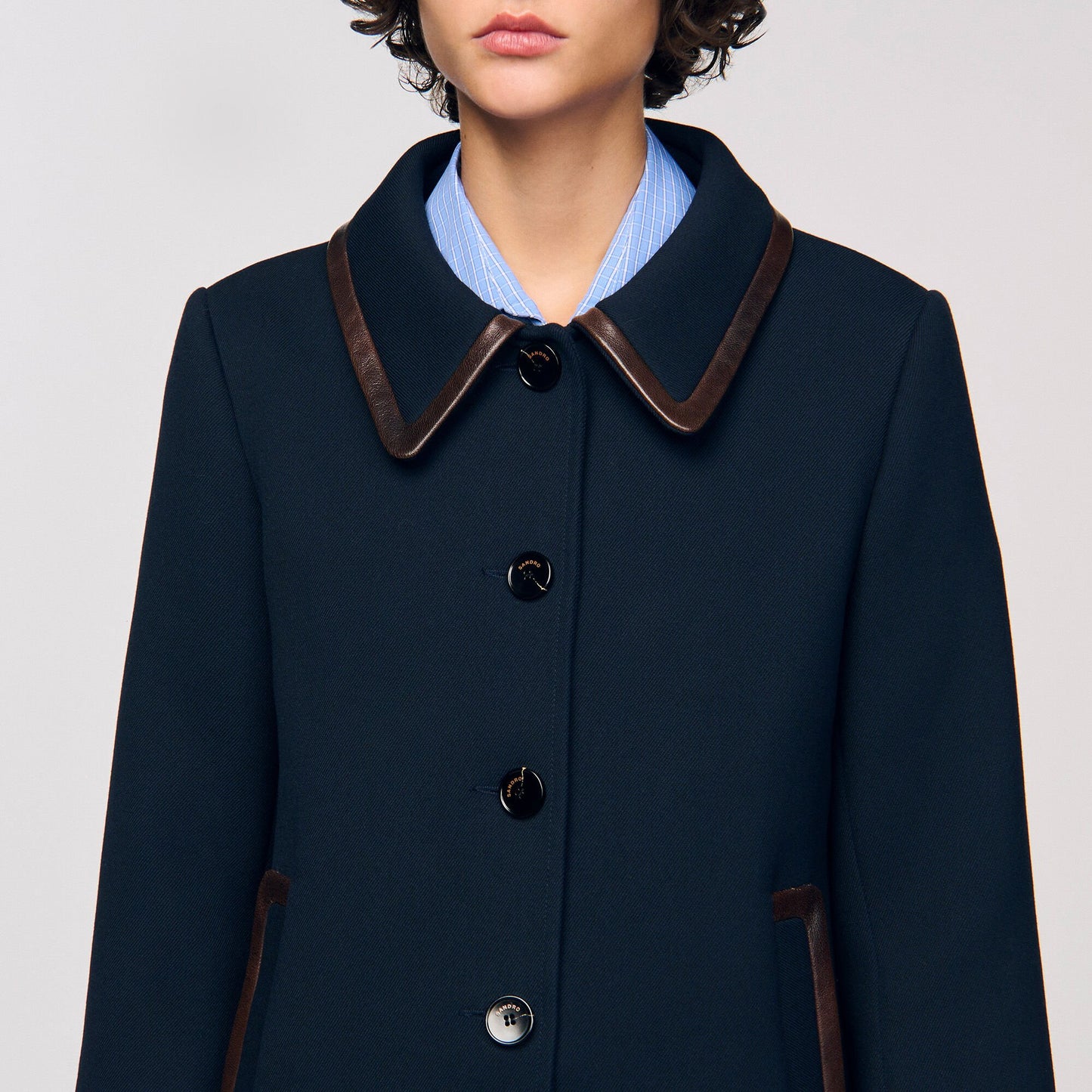 Sandro Coat with leather stripes Navy Blue