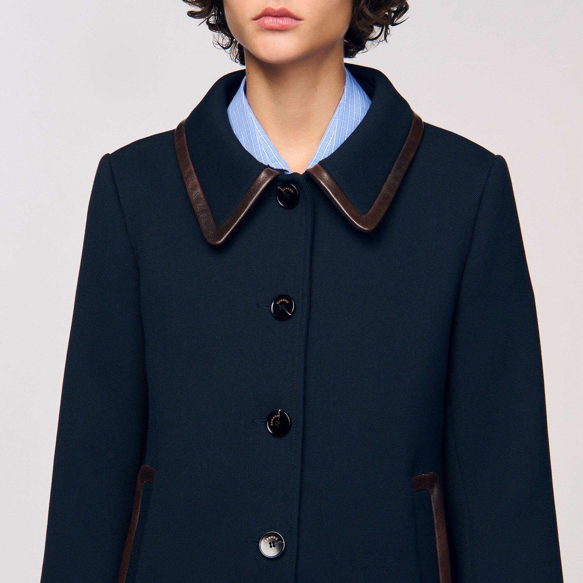 Sandro Coat with leather stripes Navy Blue