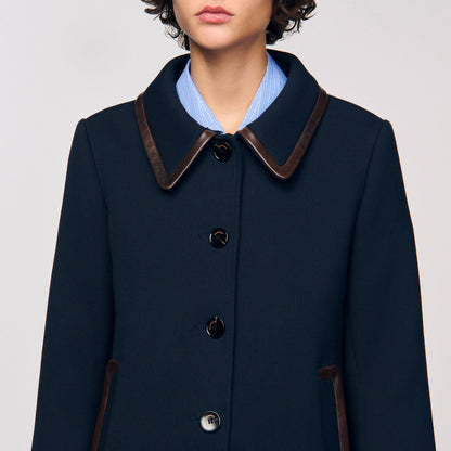 Sandro Coat with leather stripes Navy Blue