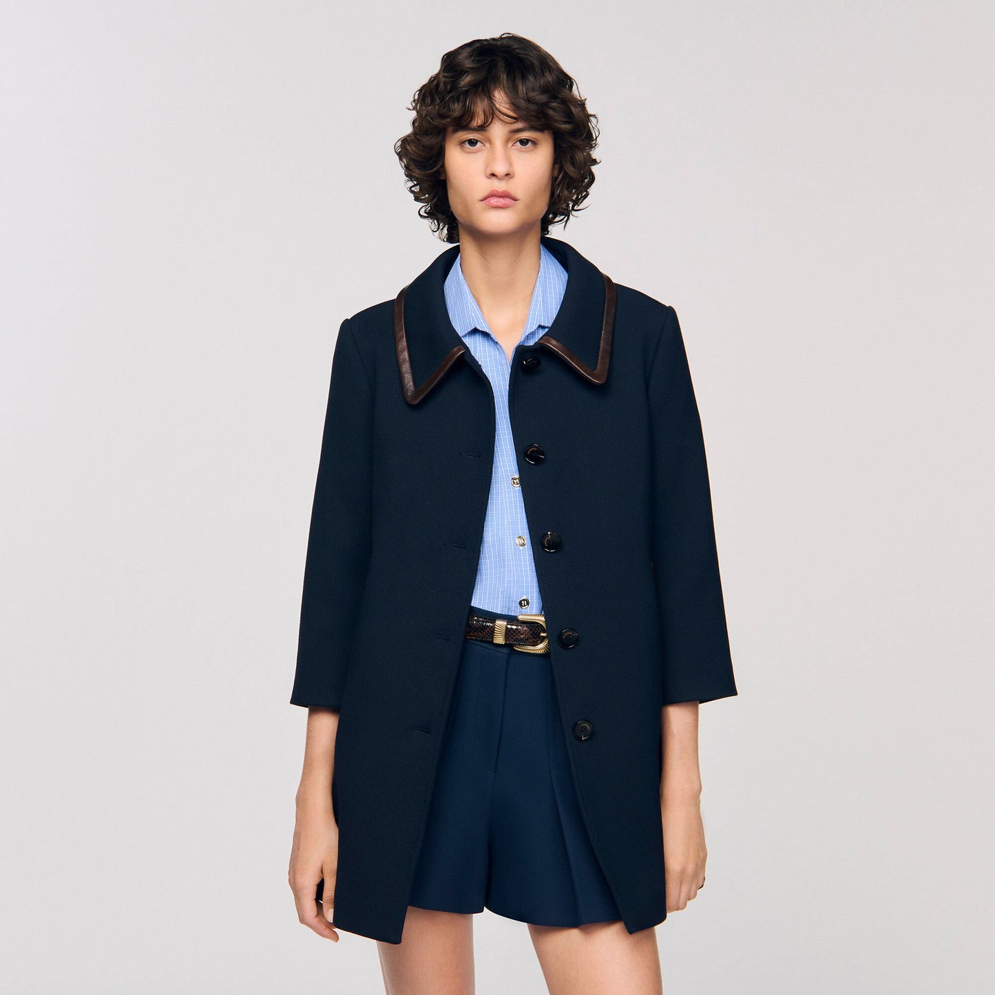 Sandro Coat with leather stripes Navy Blue