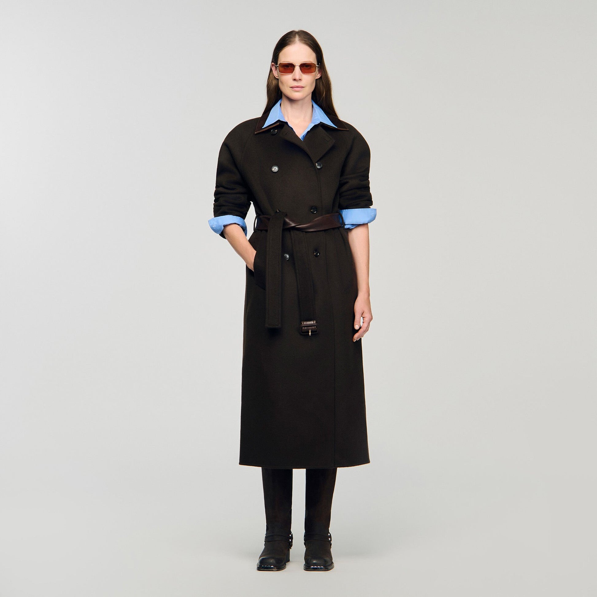 Sandro Long wool and leather coat Brown