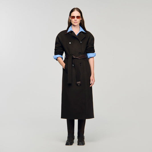 Sandro Long wool and leather coat Brown