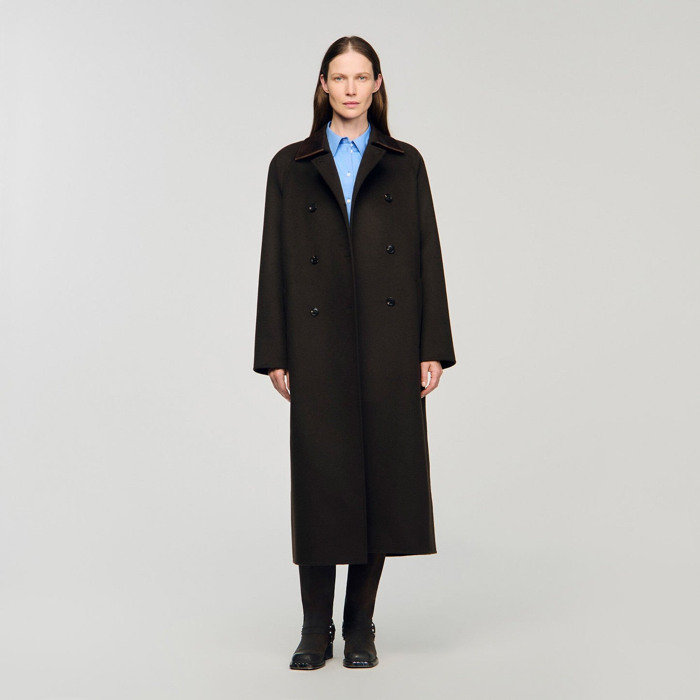 Sandro Long wool and leather coat Brown