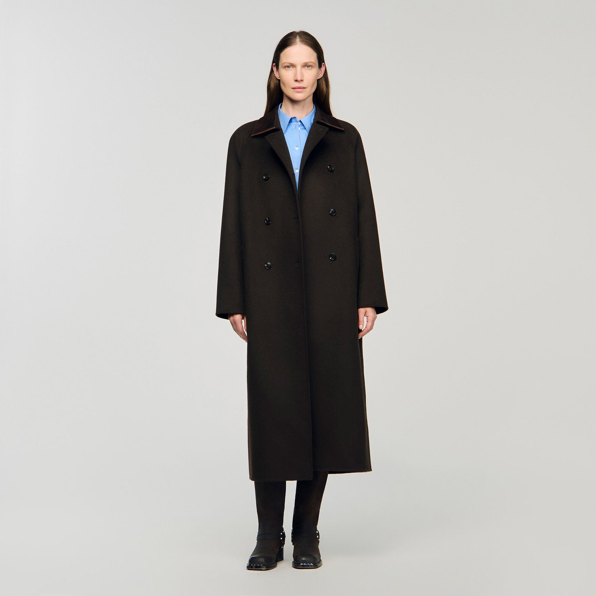 Sandro Long wool and leather coat Brown